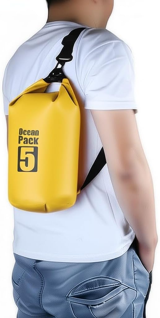 Floating Waterproof Dry Bag Backpack 5L/10L/20L, Roll Top Bag for Kayaking, Rafting, Boating, Swimming, Camping, Hiking, Beach, Fishing, Waterproof Beach Bag. (Yellow, 5L)