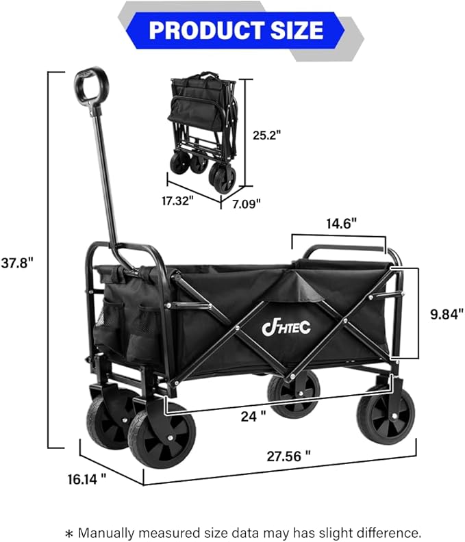 Collapsible Wagon Cart Black Foldable Utility Cart for Shopping, Camping, Sports and Garden, 100lbs Mini Home Folding Wagon Cart
