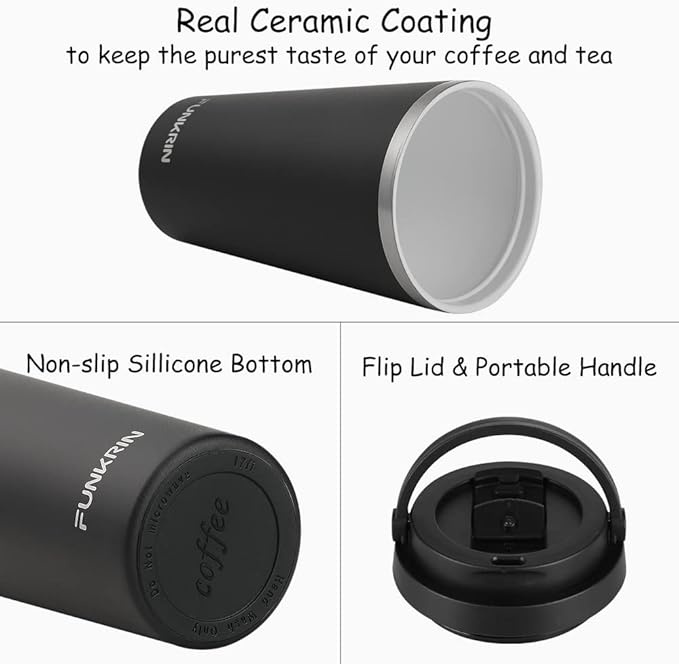 Funkrin Insulated Coffee Mug with Ceramic Coating, 16oz Iced Coffee Tumbler Cup with Flip Lid and Handle, Double Wall Vacuum Leak-Proof Travel Mug for Office School Party Camping