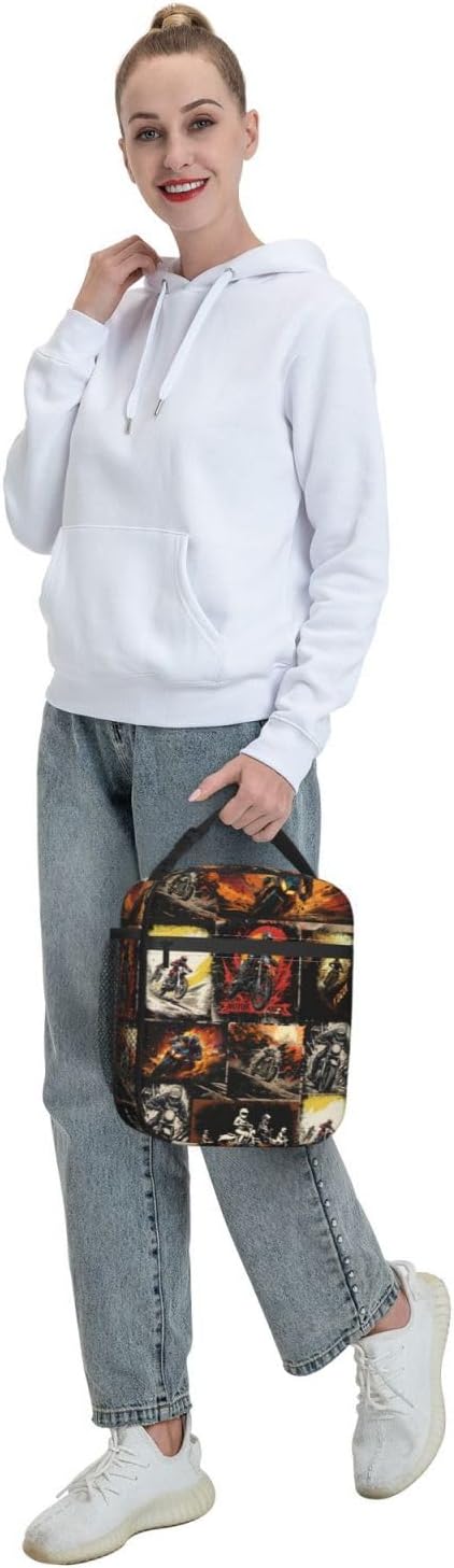 Sport Motorcycle Lunch Boxs for Men Women, Dirt-Bike Motocross Lunch Bag for Kids, Portable Reusable Insulated Lunch Bag for School Work Travel