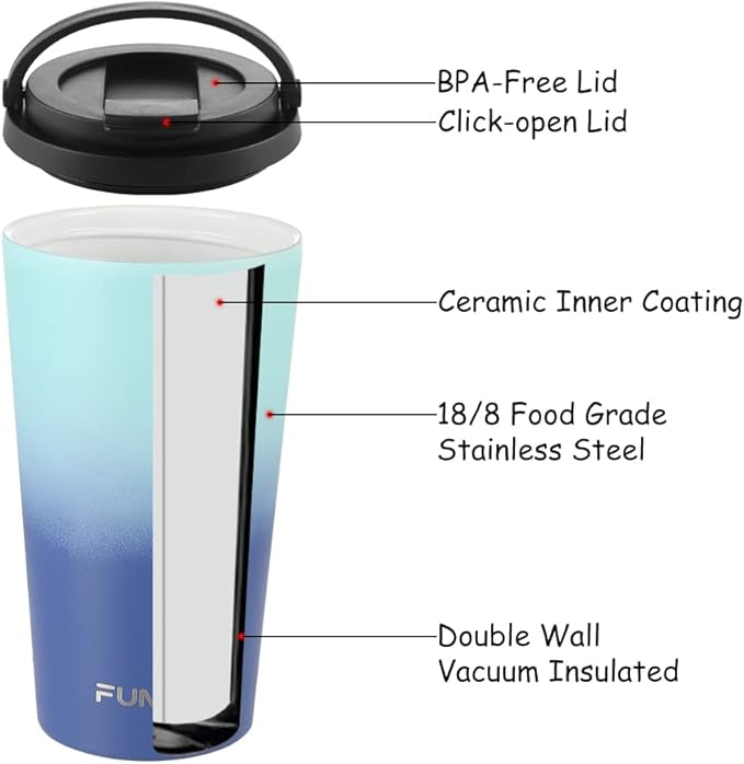 Funkrin Insulated Coffee Mug with Ceramic Coating, 16oz Iced Coffee Tumbler Cup with Flip Lid and Handle, Double Wall Vacuum Leak-Proof Travel Mug for Office School Party Camping