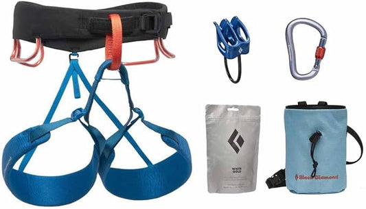 Black Diamond Mens Momentum Rock Climbing Harness Package with Harness, Chalk Bag, Chalk, Locking Carabiner, and Belay Device