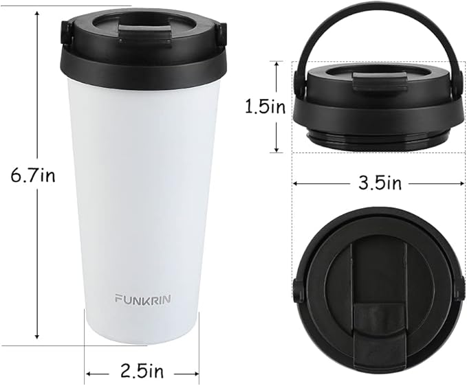 Funkrin Insulated Coffee Mug with Ceramic Coating, 16oz Iced Coffee Tumbler Cup with Flip Lid and Handle, Double Wall Vacuum Leak-Proof Travel Mug for Office School Party Camping