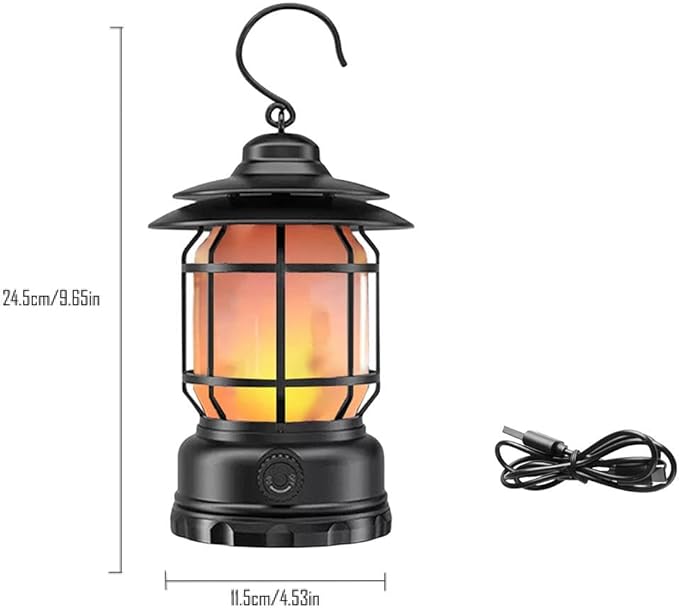 Rechargeable Camping Lantern, Flame Decorative Table Lamp, 2 Modes LED Light with Hook,Dimmable Vintage Style,Portable Waterproof Camping Light for Indoor/Outdoor Use