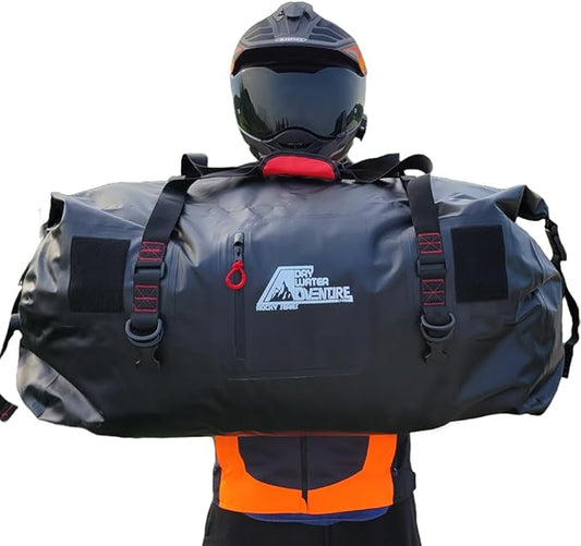 Motorcycle Waterproof Duffel Bag With Tie Down Straps, Marine Grade (60 Liter/15.8 Gallon, Rocky Series, Black)