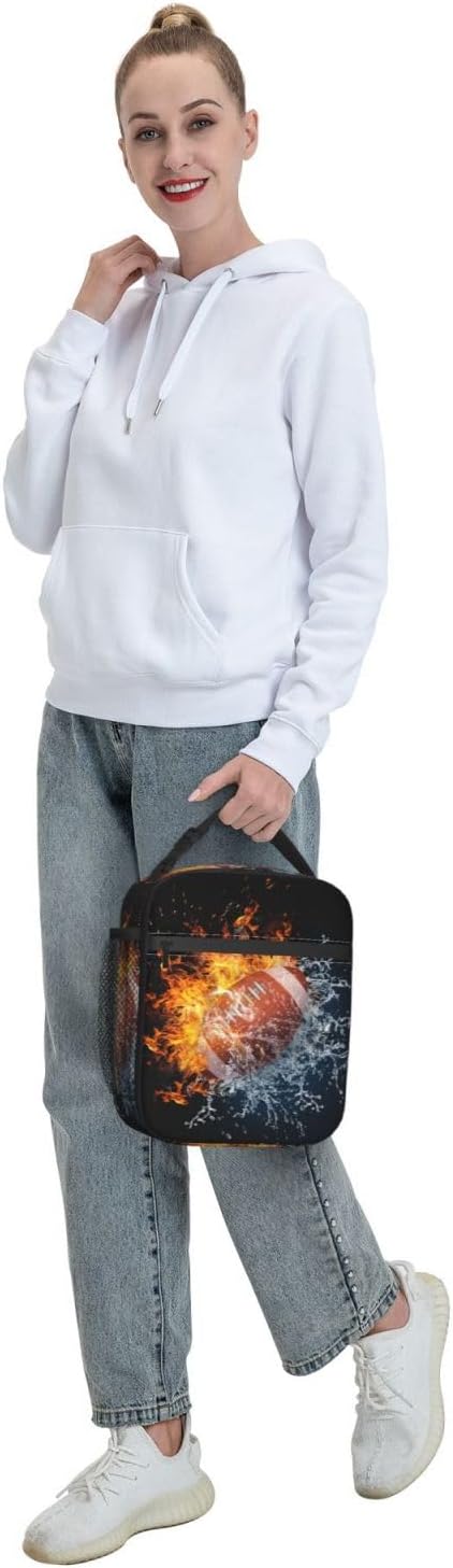 American Football Lunch Bag For Boys Girls, Reusable Fire Water Sport Lunch Box Insulated Portable Lunch Tote For Kids School Men Women Adults Work Travel