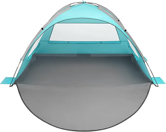 Oileus Beach Tent 2-3 Person Portable Sun Shade Shelter UV Protection, Extended Floor Ventilating Mesh Roll Up Windows Carrying Bag Stakes 6 Sand Pockets Fishing Hiking Camping, Sky Blue