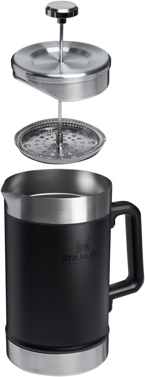 Stanley Classic Stay-Hot French Press Coffee Maker 48 oz | 5 Minute Brew, 4 Hours Hot | Mesh Filter for Coffee Grounds | Insulated Stainless Steel French Press | BPA-Free | Black 2.0