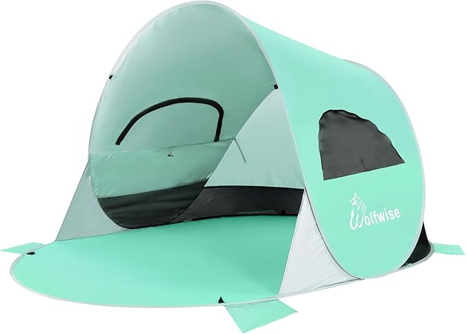 WolfWise UPF 50+ Easy Pop Up 3-4 Person Beach Tent Sport Umbrella Instant Sun Shelter Tent Sun Shade Canopy, Mint Green