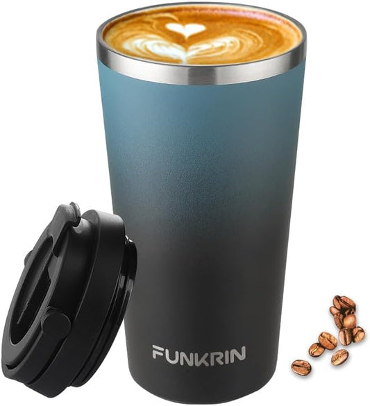 Funkrin Insulated Coffee Mug with Ceramic Coating, 16oz Iced Coffee Tumbler Cup with Flip Lid and Handle, Double Wall Vacuum Leak-Proof Travel Mug for Office School Party Camping