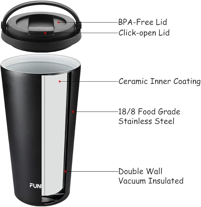 Funkrin Insulated Coffee Mug with Ceramic Coating, 16oz Iced Coffee Tumbler Cup with Flip Lid and Handle, Double Wall Vacuum Leak-Proof Travel Mug for Office School Party Camping
