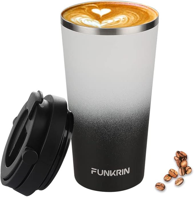 Funkrin Insulated Coffee Mug with Ceramic Coating, 16oz Iced Coffee Tumbler Cup with Flip Lid and Handle, Double Wall Vacuum Leak-Proof Travel Mug for Office School Party Camping