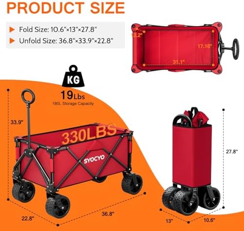 Collapsible Folding Wagon Cart, Heavy Duty Wagon Foldable with 330lbs Weight Capacity, Utility Garden Cart, Beach Wagons with All-Terrain Wheels for Camping, Sports, Shopping, Red