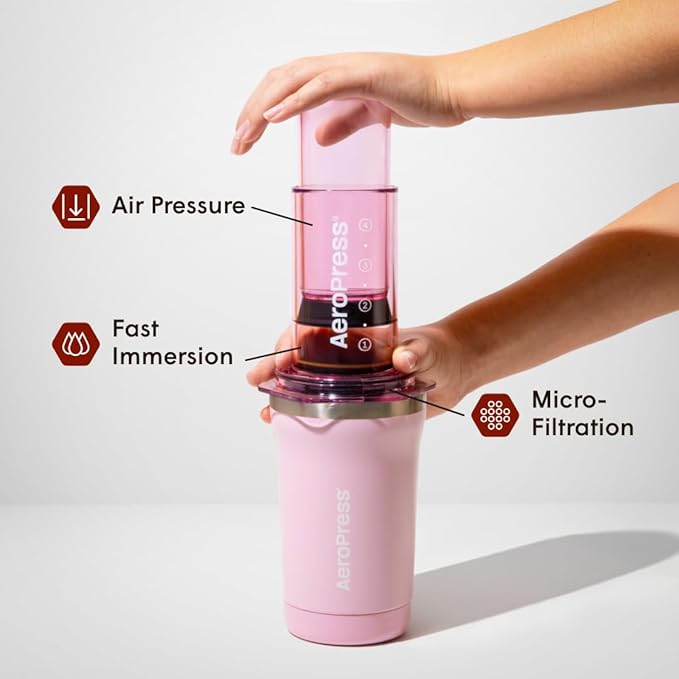 AeroPress Travel Coffee Press Kit - 3 in 1 brew method combines French Press, Pourover, Espresso - Full bodied coffee without grit or bitterness (Pink, Go Plus)