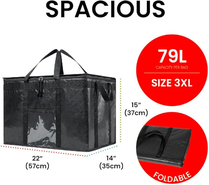 NZ home Durable 3XL PRO Insulated Cooler Bag and Food Warmer for Delivery & Grocery Shopping with Zippered Top, Black Commercial Grade (1 Pack)
