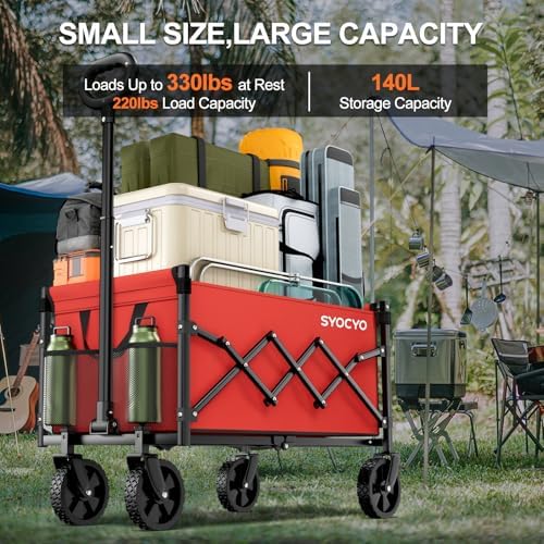 Collapsible Wagon Cart 360lbs Beach Foldable Wagon Lightweight & Portable Folding Utility Grocery Shopping Carts with Wheels for Shopping Sports Garden Camping Red