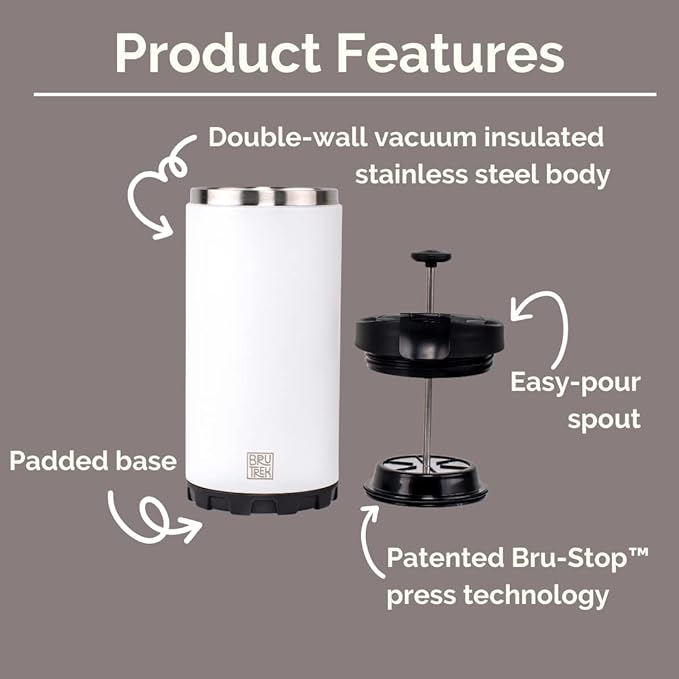 Steel Toe 3.0 Travel Coffee Press - Brew 20 fl.oz On The Go - No Spill Lid, Double Wall Vacuum Insulated Stays Hot for Hours, French Press Coffee (Snowflake White)