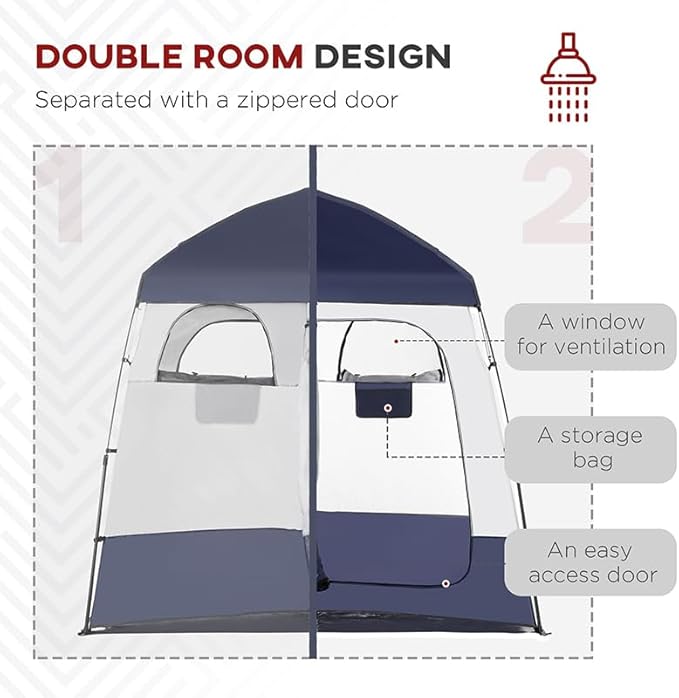 Outsunny Shower Tent, Pop Up Privacy Shelter for Camping, Dressing Changing Room, Portable Instant Outdoor Shower Tent Enclosure w/ 2 Rooms, Shower Bag, Floor and Carrying Bag