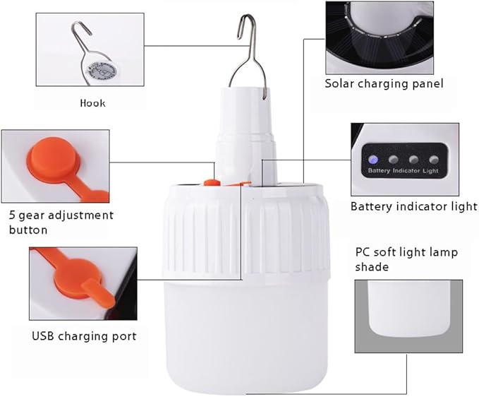 LED Camping Tent Solar Bulb Lantern Lights 5 Mode USB Rechargeable with Remote Control Portable Light Hanging Outdoor Fishing Emergency Courtyard Garden 4 Power Display Outdoor 1pack