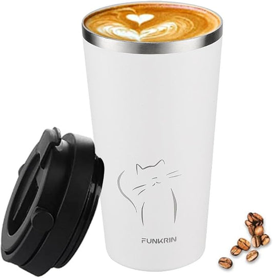 Funkrin Insulated Coffee Mug with Ceramic Coating, 16oz Iced Coffee Tumbler Cup with Flip Lid and Handle, Double Wall Vacuum Leak-Proof Travel Mug for Office School Party Camping