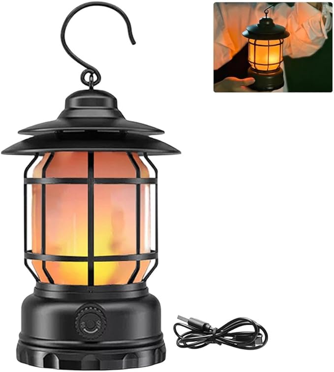 Rechargeable Camping Lantern, Flame Decorative Table Lamp, 2 Modes LED Light with Hook,Dimmable Vintage Style,Portable Waterproof Camping Light for Indoor/Outdoor Use