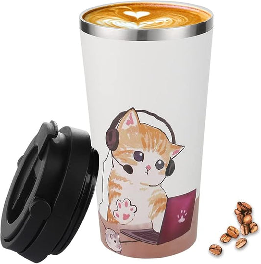 Funkrin Insulated Coffee Mug with Ceramic Coating, 16oz Iced Coffee Tumbler Cup with Flip Lid and Handle, Double Wall Vacuum Leak-Proof Travel Mug for Office School Party Camping