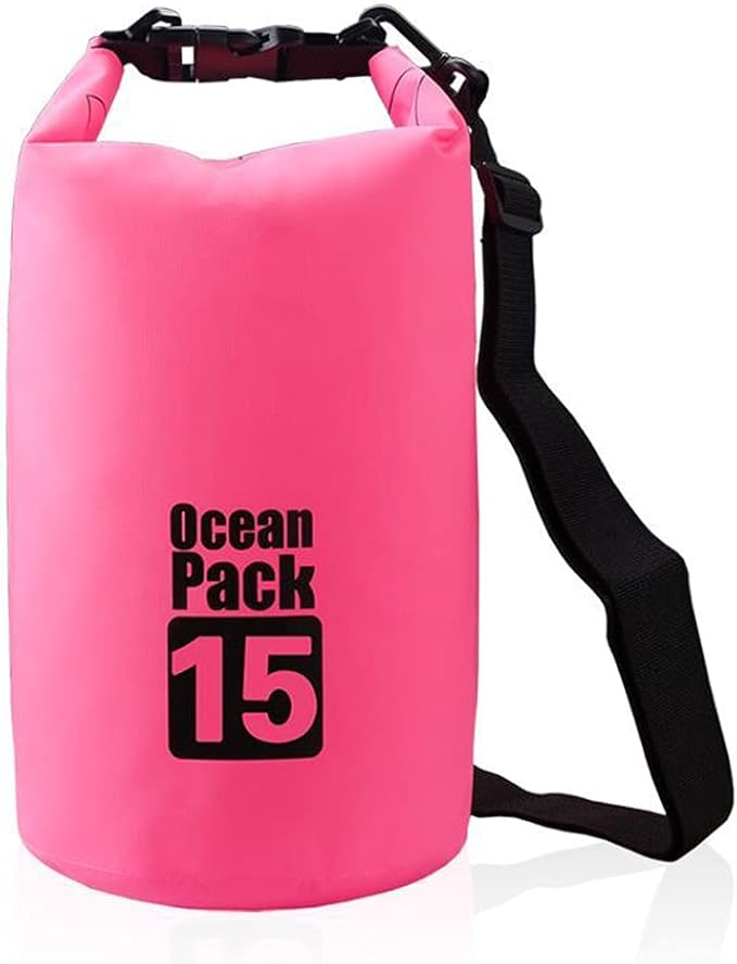 Outdoor Dry Sack/Floating Waterproof Bag 2L/3L/5L/10L/15L/20L/30L for Boating, Kayaking, Hiking, Snowboarding, Camping, Rafting, Fishing and Backpacking (Pink, 15L)