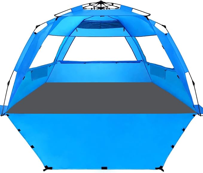 WhiteFang Deluxe Pop Up Beach Tent Sun Shade Shelter for 3-4/5-6 Person, UV Protection, Extendable Floor with 3 Ventilating Windows Plus Carrying Bag, Stakes, and Guy Lines