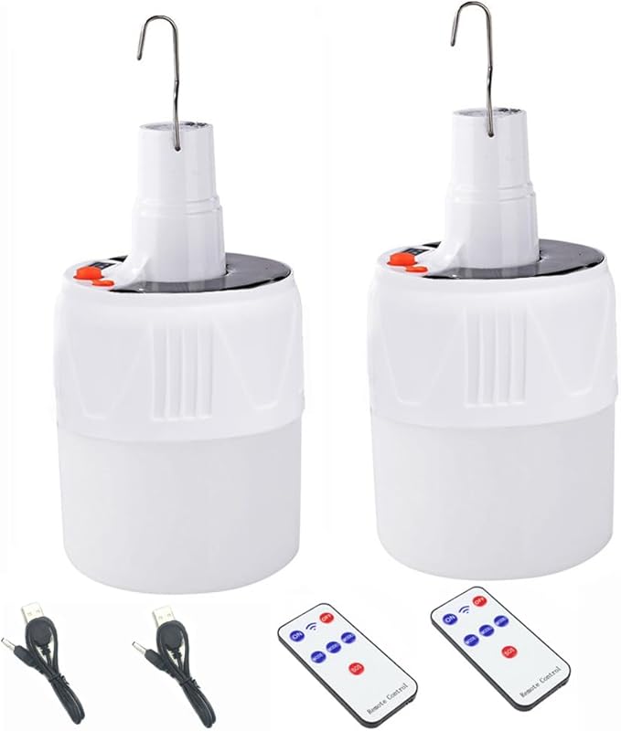 LED Camping Tent Solar Lantern Bulb Lights 5 Mode USB Rechargeable with Remote Control Portable Hanging Outdoor Fishing Emergency Courtyard Garden 4 Power Display Outdoor 2 Pack