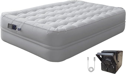Air Mattress Queen with Built-in Rechargeable Battery Pump, Portable Camping Air Bed, Cooling Pongee Fabric Mattress for Summer Use, Foldable Inflatable Bed (18" Gray)