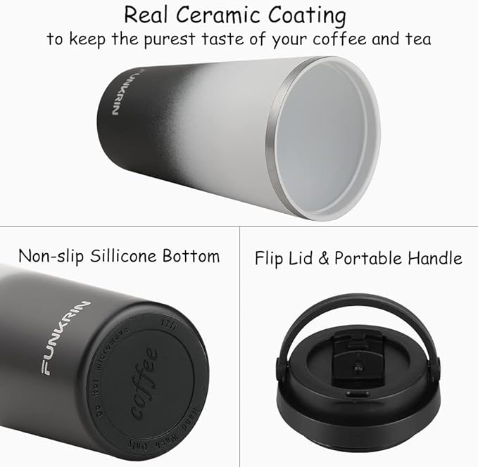 Funkrin Insulated Coffee Mug with Ceramic Coating, 16oz Iced Coffee Tumbler Cup with Flip Lid and Handle, Double Wall Vacuum Leak-Proof Travel Mug for Office School Party Camping
