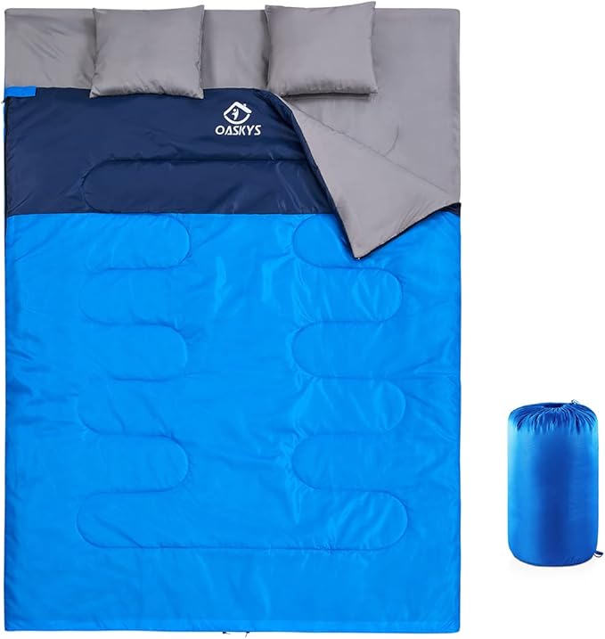 oaskys Double Sleeping Bag for Adults with 2 Pillows - Queen Size XL Waterproof Sleeping Bag for All Season Camping Hiking Backpacking 2 Person Sleeping Bags for Cold Weather & Warm