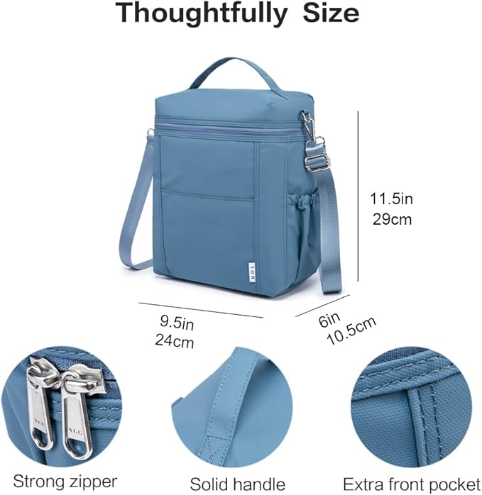 NOL Natural Organic Lifestyle Insulated Lunch Bags for Women Cooler Bag Lightweight Nylon Waterproof Lunch Box For Work (Dusty blue, Large)