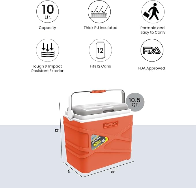 Pinnacle 10 Liter Insulated Cooler Lunch Box -Portable Camping/Picnic Hard Cooler –Coolbox Keeps Cool for 48 hrs. with Ice Retention–Heavy Duty Cooler for Beach, Grill, Travel,Tailgating,Small