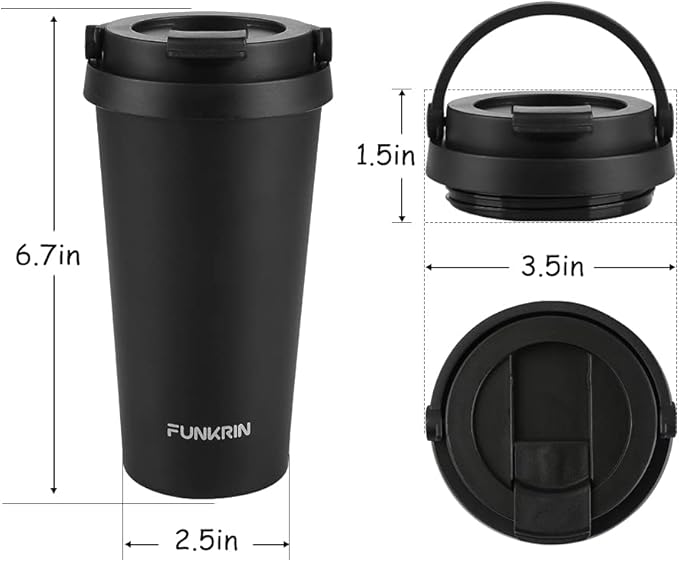 Funkrin Insulated Coffee Mug with Ceramic Coating, 16oz Iced Coffee Tumbler Cup with Flip Lid and Handle, Double Wall Vacuum Leak-Proof Travel Mug for Office School Party Camping