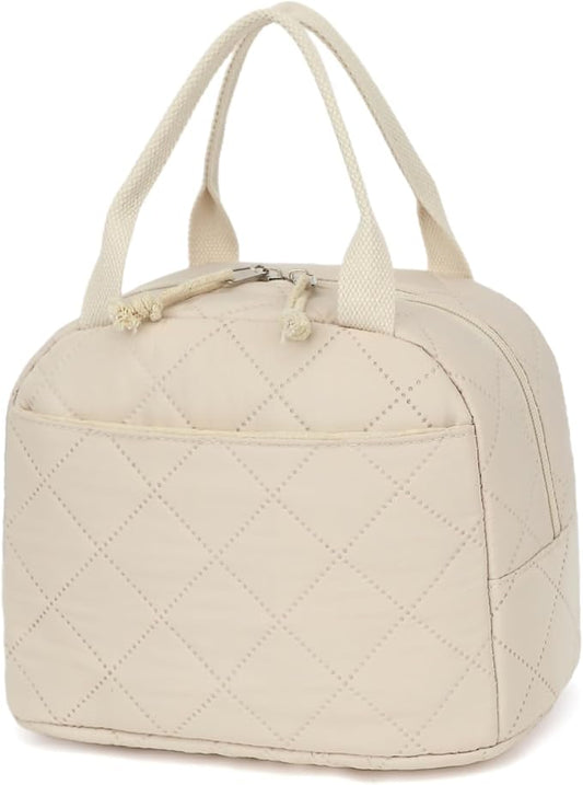 Lunch Bag, Quilted Pure Beige, Insulated Thermal Tote with Pocket, Large Capacity Reusable Cooler for Work or Travel, 8.5L