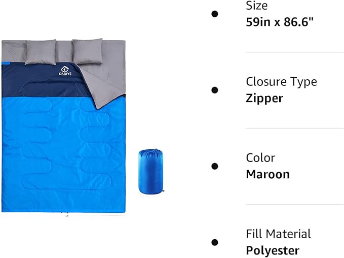 oaskys Double Sleeping Bag for Adults with 2 Pillows - Queen Size XL Waterproof Sleeping Bag for All Season Camping Hiking Backpacking 2 Person Sleeping Bags for Cold Weather & Warm