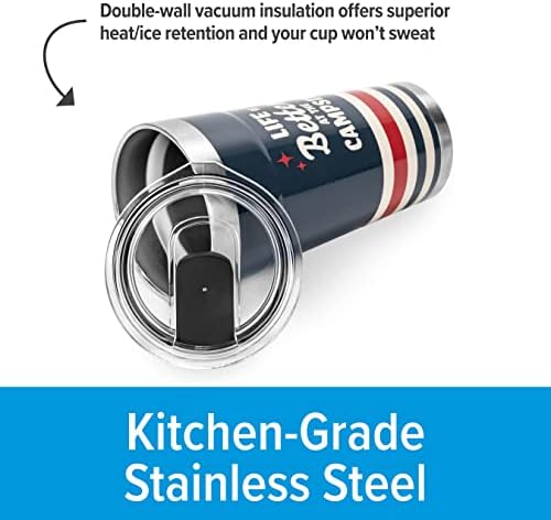 Camco Life is Better at The Campsite Wrapped Tumbler | Features Unique Life is Better at The Campsite Tan Text Design with Dark Blue Background, Red Stars and Tan/Red Stripes | 20 oz. (53326)