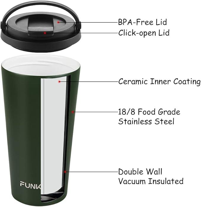 Funkrin Insulated Coffee Mug with Ceramic Coating, 16oz Iced Coffee Tumbler Cup with Flip Lid and Handle, Double Wall Vacuum Leak-Proof Travel Mug for Office School Party Camping
