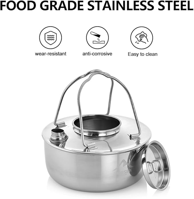 Widesea 1.7L Stainless Steel Camping Kettle Food-Grade 304 Tea Pot with Extra-Thick Handle Portable Water Boiler for Campfire, Hiking, Backpacking & Outdoor Cooking
