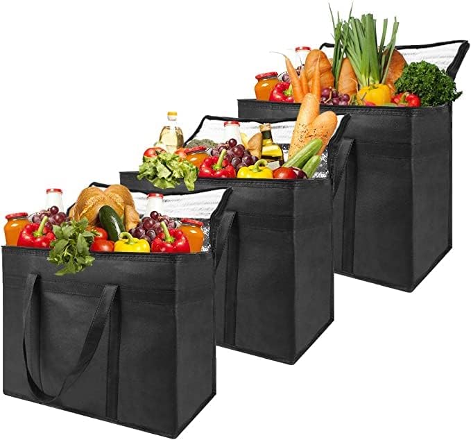 NZ home XXL Insulated Cooler Bag and Food Warmer for Delivery & Grocery Shopping with Zippered Top, Black (1 pack)