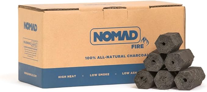 Nomad Fire 100% All-Natural Hardwood Charcoal | 10 LBS | Thai-Style Binchotan | Long Burning (4-6 hrs), High Heat, Low Ash, Low Smoke. Pro Charcoal for Nomad, Kettles, Kamados, Charcoal Smokers