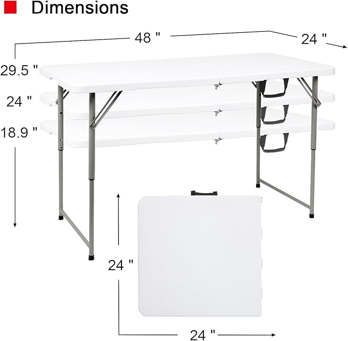 48" W x 24" D x 29.5" H - 4FT Adjustable Height Heavy Duty Plastic Fold-in-Half Foldable Table，White Portable Folding Table with Carrying Handle for Camping & Party