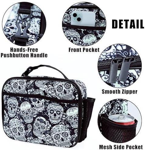 Skull Lunch Bag Insulated Reusable Lunch Box Kids Girls Boys Cooler Thermal Tote Bag For Men Women School Work Picnic