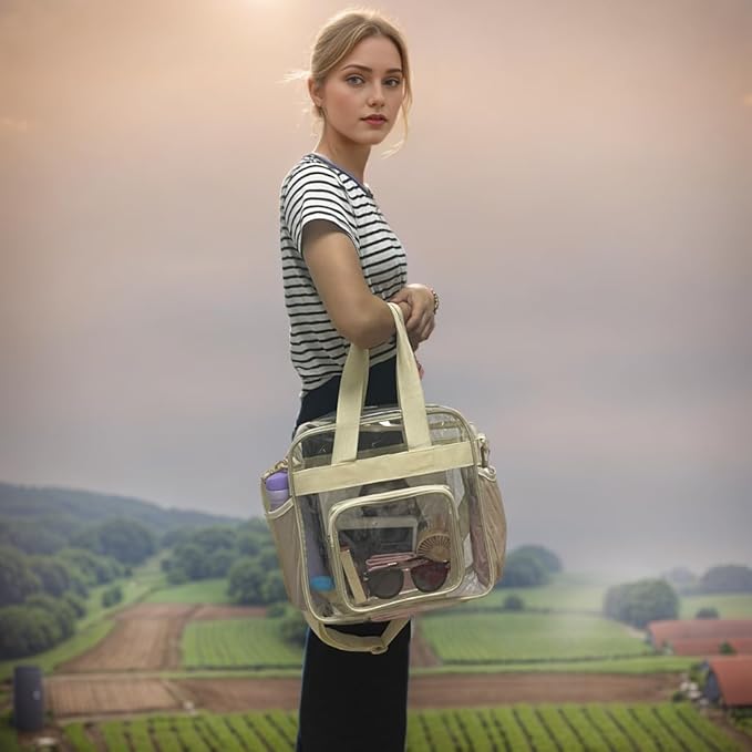 FlowFly Clear Bag for Stadium Events With Shoulder Strap for Women, Men, Large and Reusable Lunch Container, Work and Sporting Events, Travel 12x6x12 Clear Tote Bag, Clear#Biege