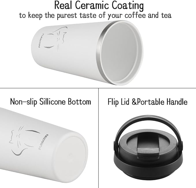 Funkrin Insulated Coffee Mug with Ceramic Coating, 16oz Iced Coffee Tumbler Cup with Flip Lid and Handle, Double Wall Vacuum Leak-Proof Travel Mug for Office School Party Camping