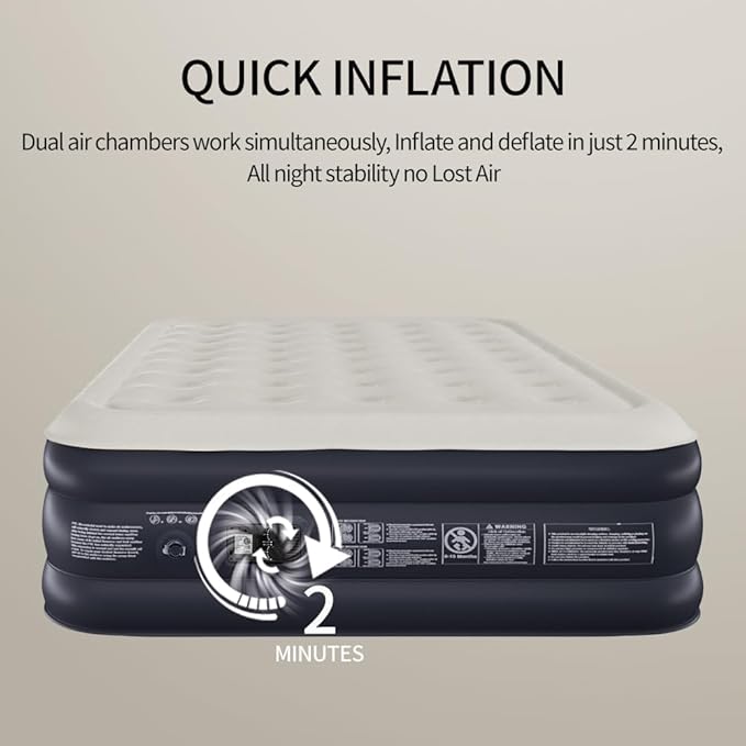Air Mattress Queen with Built in Pump - 2 Mins Quick Self Inflatable,16"/650lbs Max Blow Up Bed, All Night Stability No Lost Air，No Peculiar Smell for Camping,Home,Guests & Portable Travel