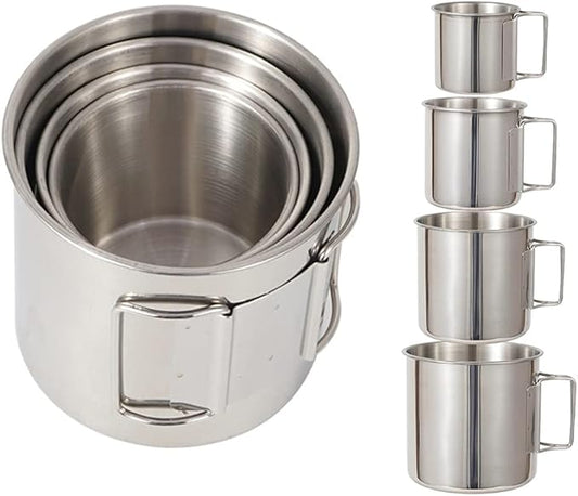 Camping Campfire Mug with Handle, Folding Big Stainless Steel Cup 4 Piece Set Backpacking Gear for Hiking, Hunting, Fishing and Survival Adventure.