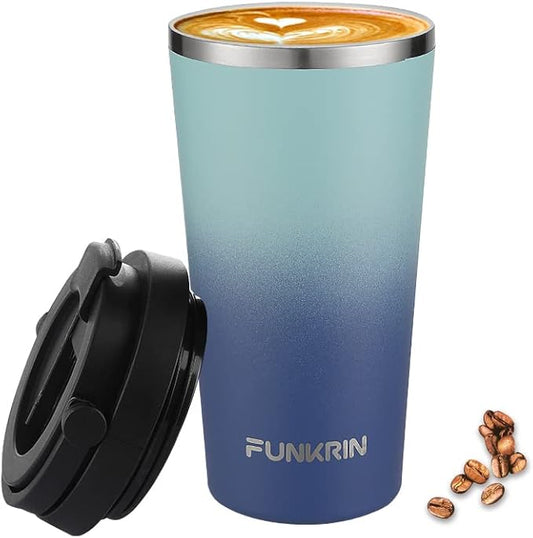 Funkrin Insulated Coffee Mug with Ceramic Coating, 16oz Iced Coffee Tumbler Cup with Flip Lid and Handle, Double Wall Vacuum Leak-Proof Travel Mug for Office School Party Camping