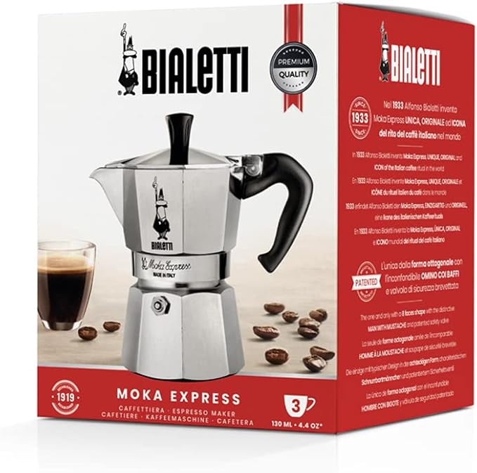 Bialetti Moka Express Iconic Italian Stovetop Espresso Maker 3 Cups, Aluminium, Silver